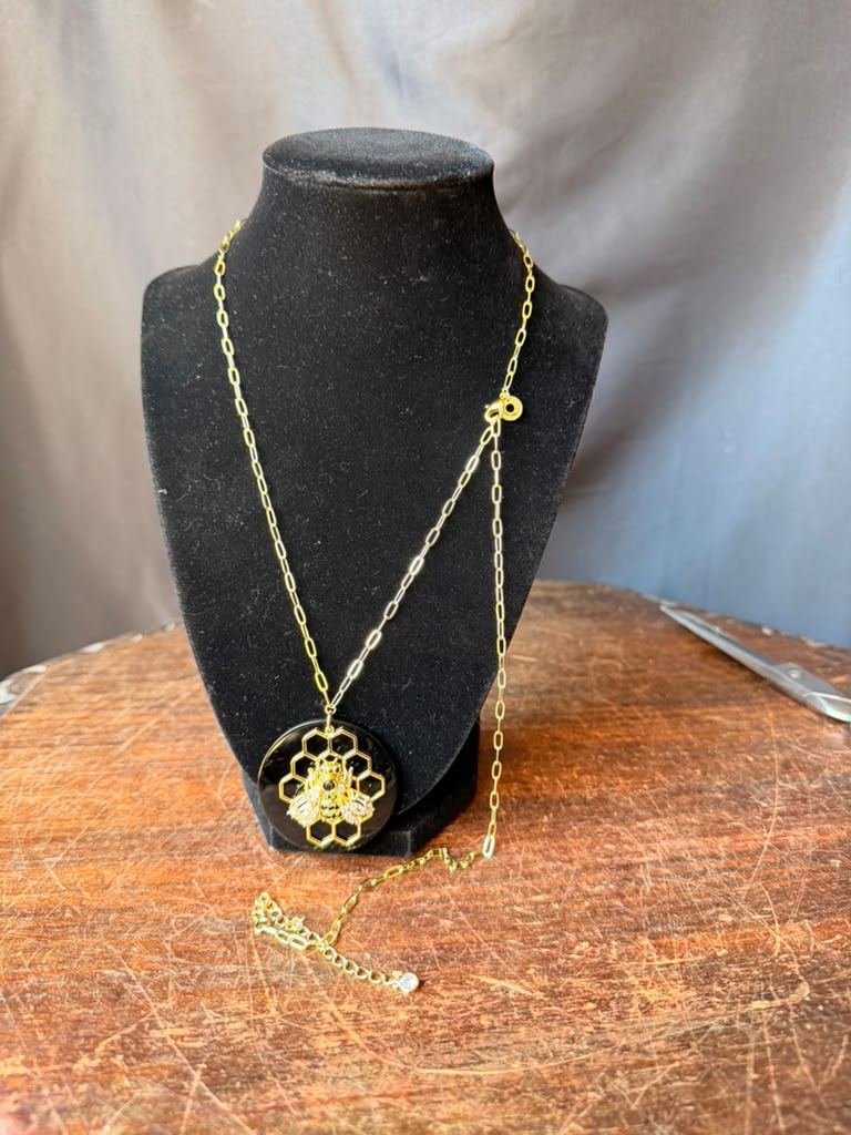 CZ by Kenneth Jay Lane Bee Honeycomb Black Pendant Gold Tone Necklace 32 in