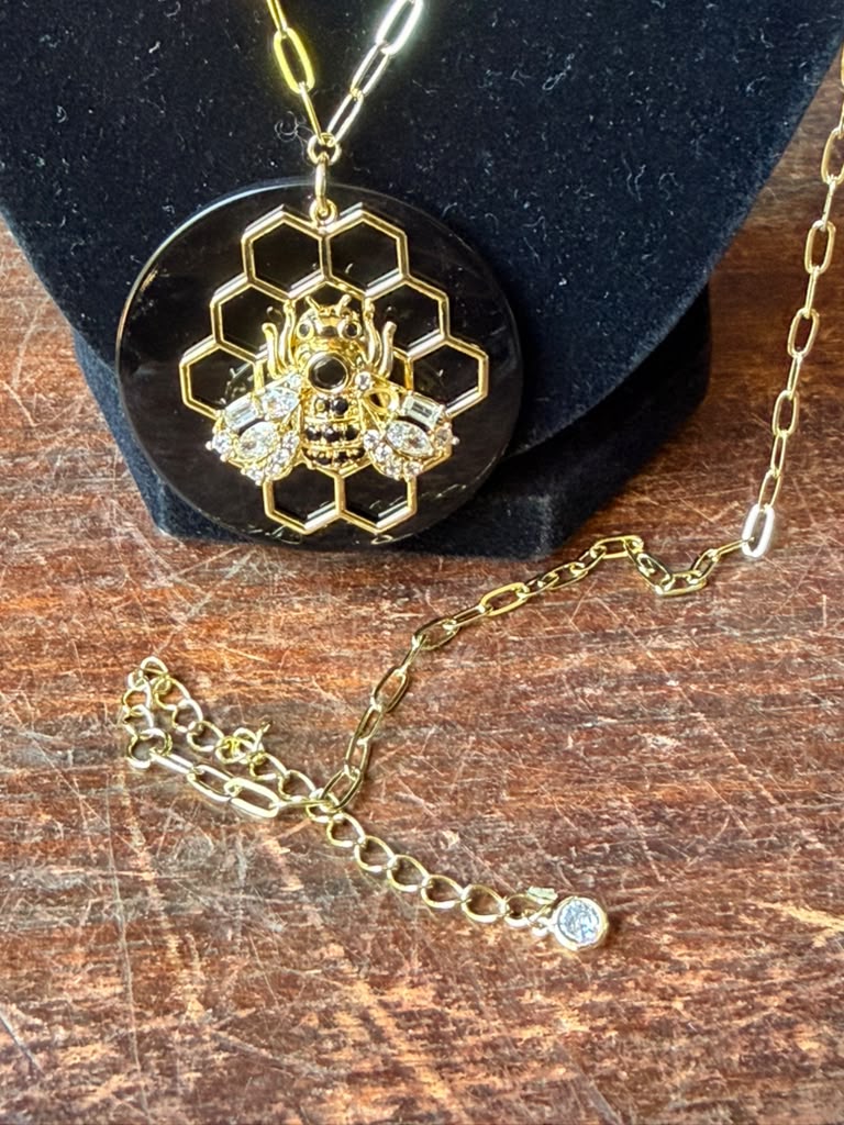 CZ by Kenneth Jay Lane Bee Honeycomb Black Pendant Gold Tone Necklace 32 in