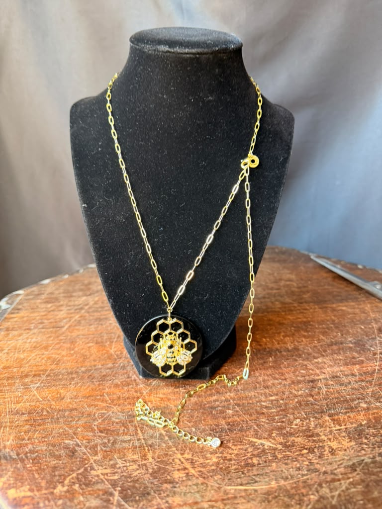 CZ by Kenneth Jay Lane Bee Honeycomb Black Pendant Gold Tone Necklace 32 in