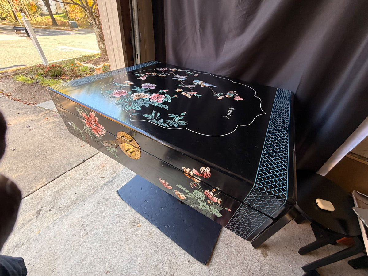Chinese Black Lacquer Blanket Storage Chest Painted Birds Peonies Brass 36in