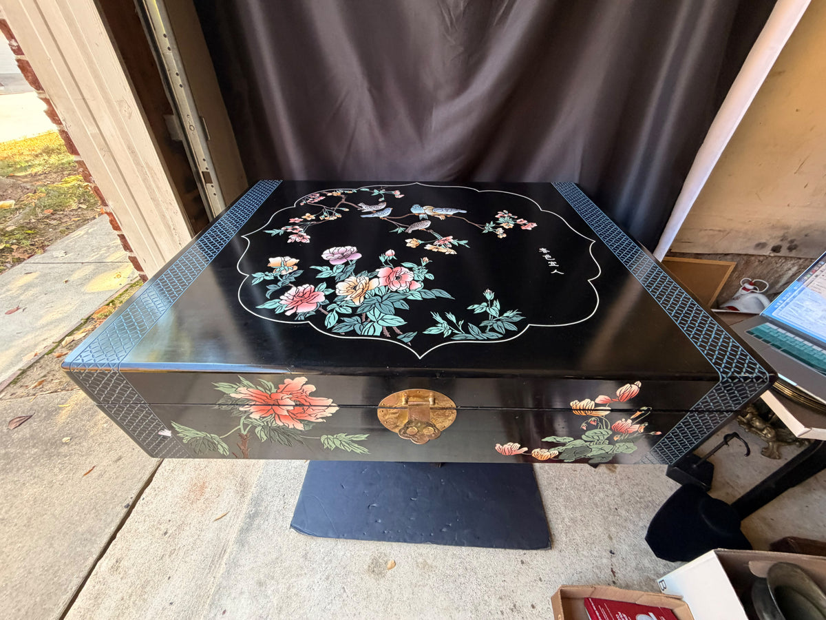 Chinese Black Lacquer Blanket Storage Chest Painted Birds Peonies Brass 36in
