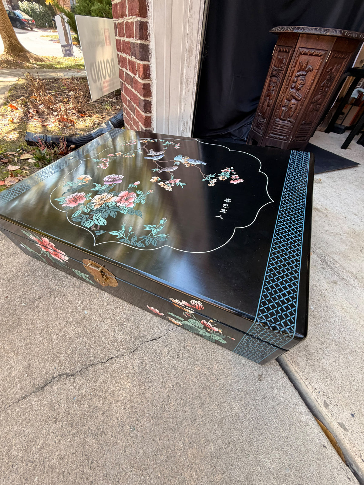 Chinese Black Lacquer Blanket Storage Chest Painted Birds Peonies Brass 36in