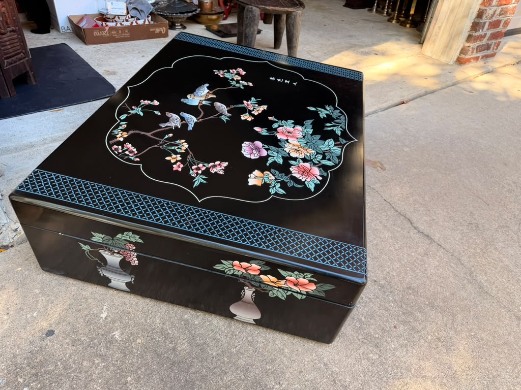 Chinese Black Lacquer Blanket Storage Chest Painted Birds Peonies Brass 36in
