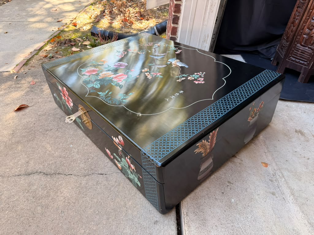Chinese Black Lacquer Blanket Storage Chest Painted Birds Peonies Brass 36in