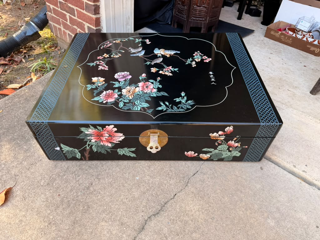 Chinese Black Lacquer Blanket Storage Chest Painted Birds Peonies Brass 36in