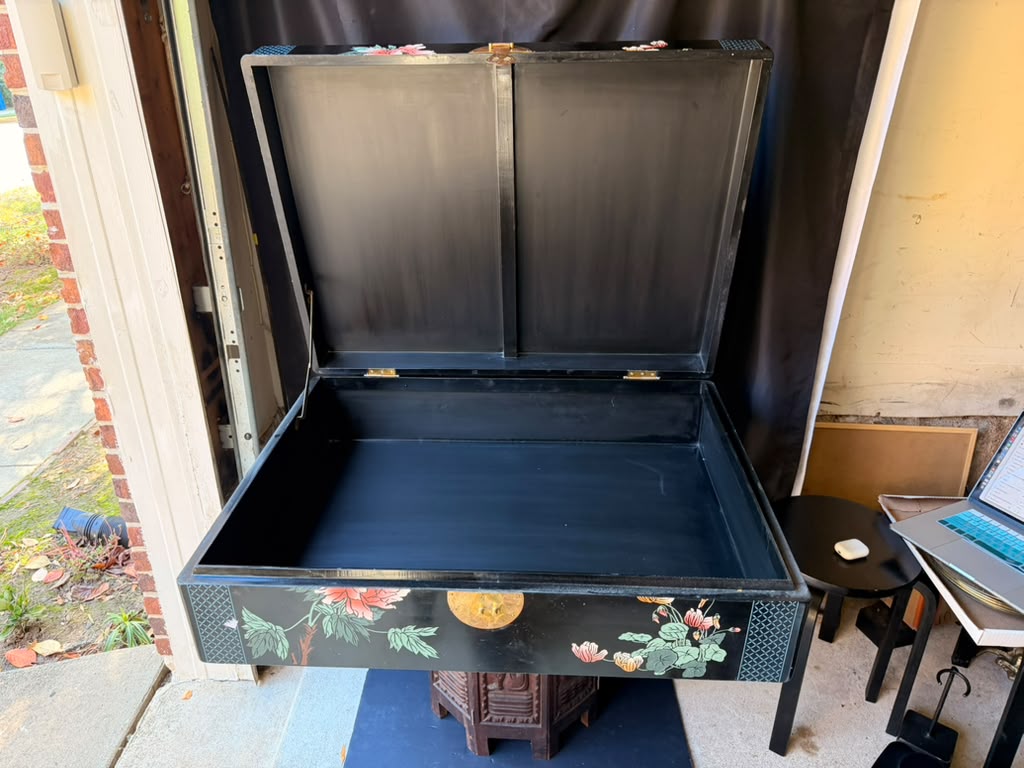 Chinese Black Lacquer Blanket Storage Chest Painted Birds Peonies Brass 36in