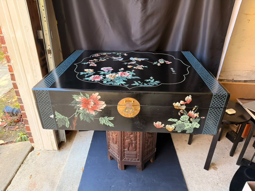 Chinese Black Lacquer Blanket Storage Chest Painted Birds Peonies Brass 36in