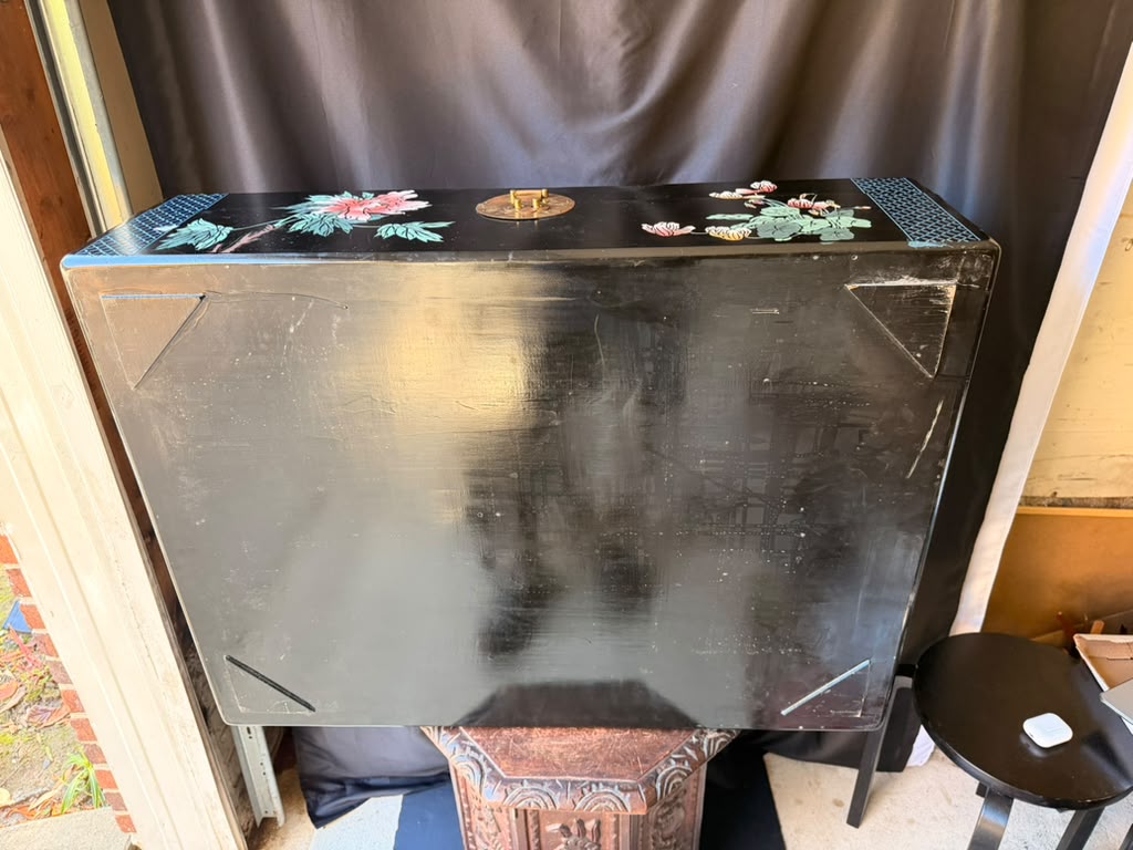 Chinese Black Lacquer Blanket Storage Chest Painted Birds Peonies Brass 36in
