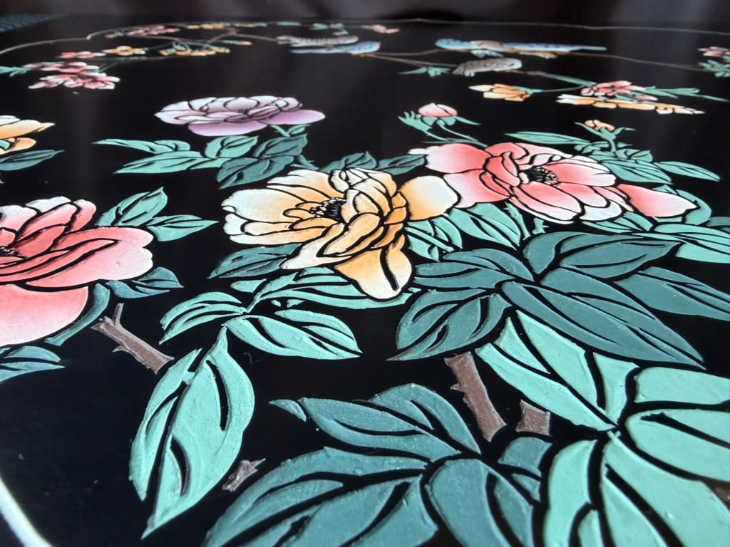 Chinese Black Lacquer Blanket Storage Chest Painted Birds Peonies Brass 36in