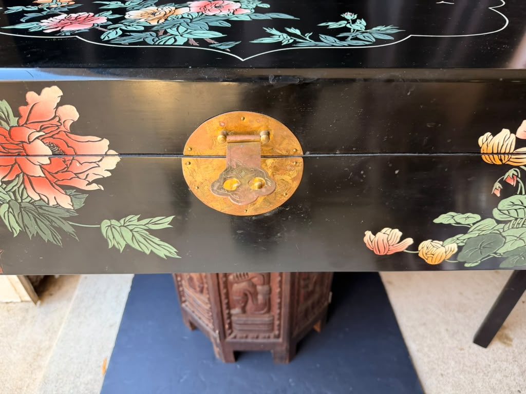 Chinese Black Lacquer Blanket Storage Chest Painted Birds Peonies Brass 36in