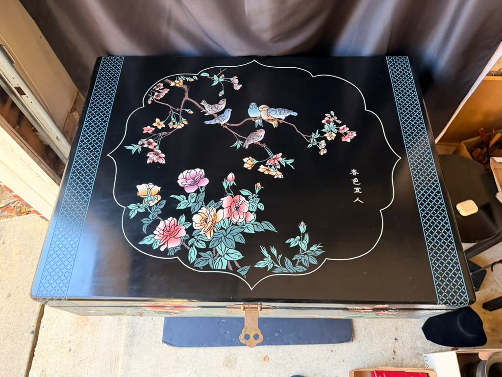 Chinese Black Lacquer Blanket Storage Chest Painted Birds Peonies Brass 36in