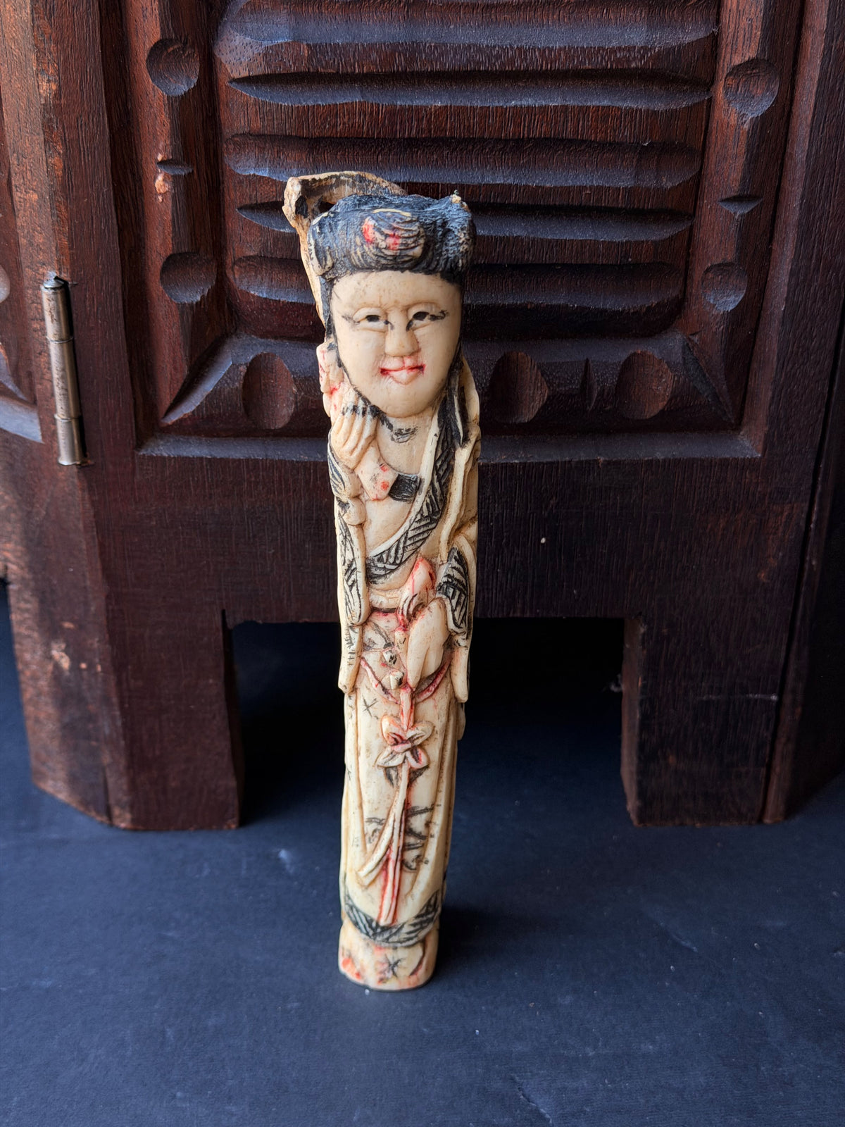 Chinese Carved Bovine Bone Lady Figure with Flowers Polychrome 6.5 in