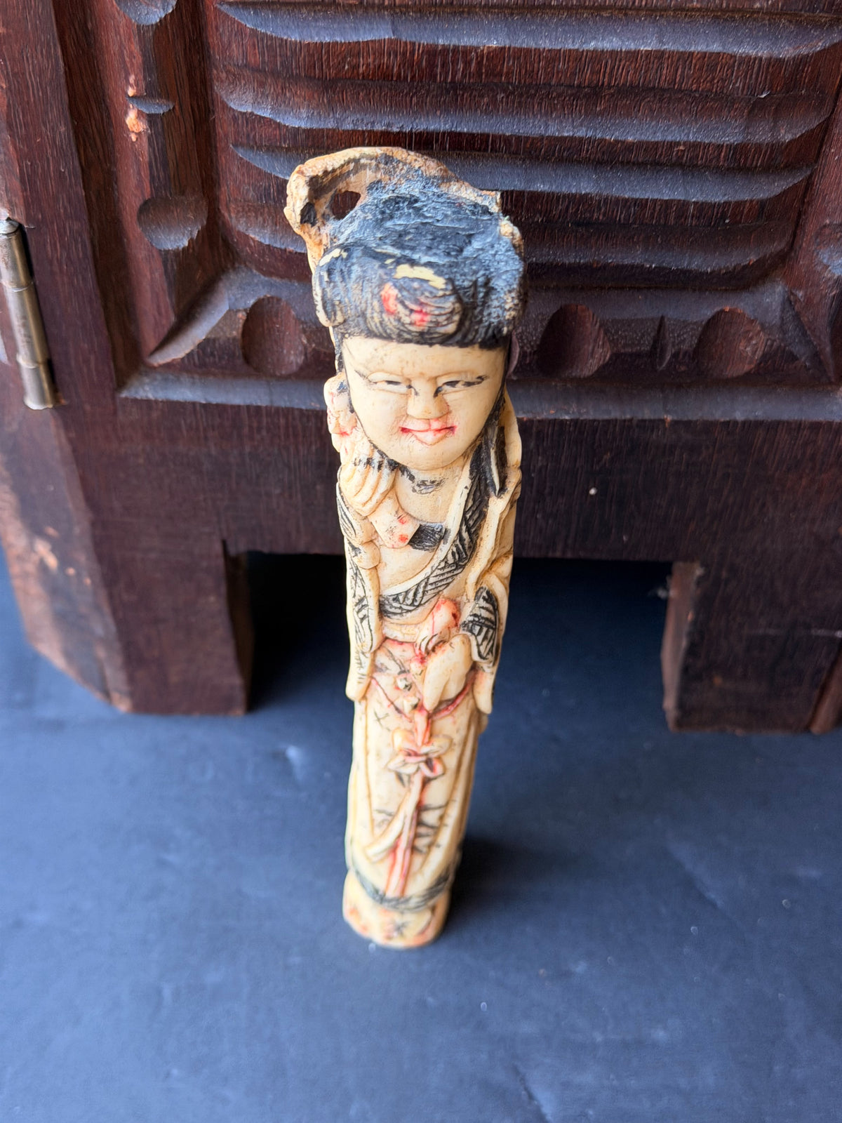 Chinese Carved Bovine Bone Lady Figure with Flowers Polychrome 6.5 in
