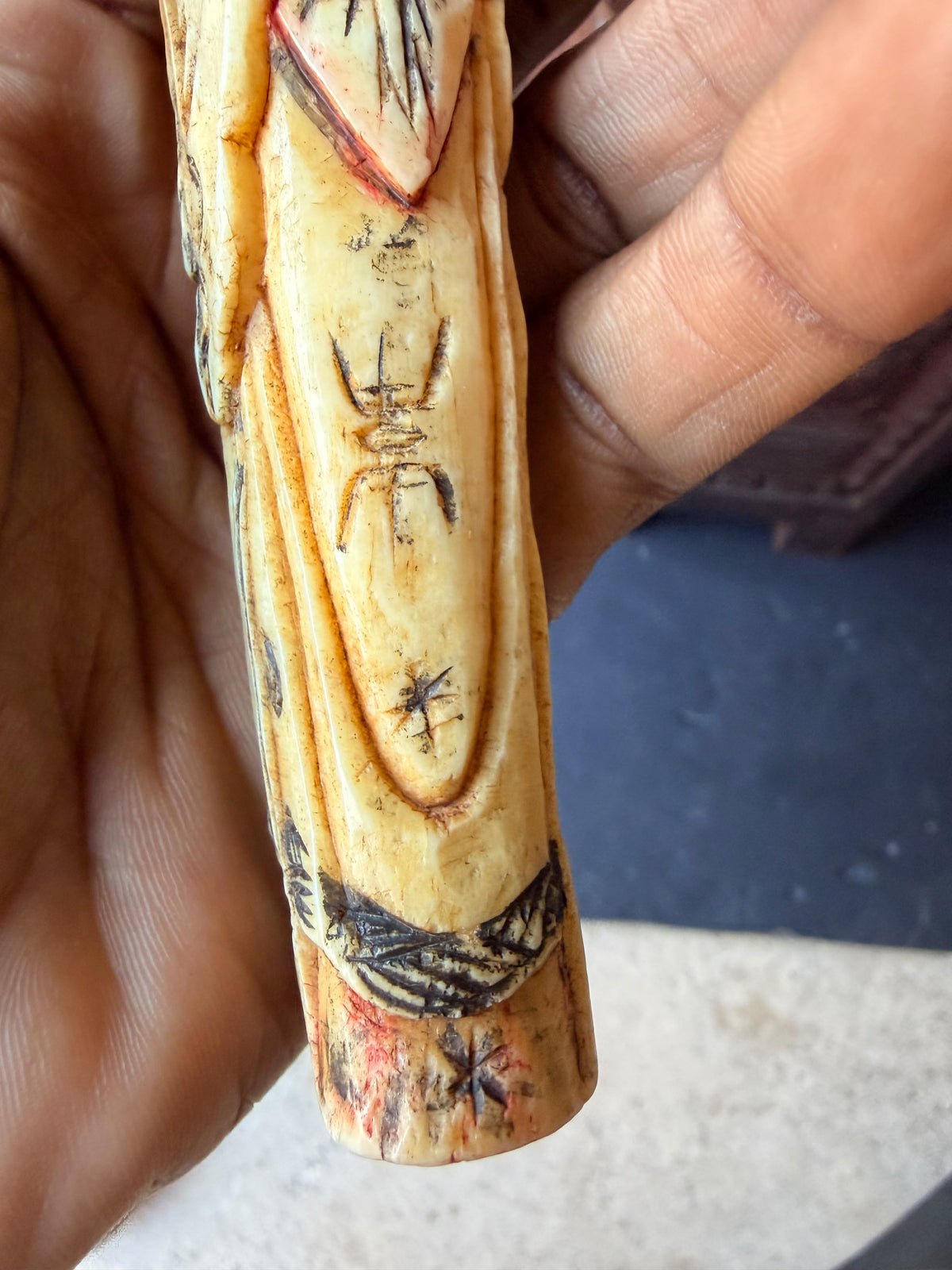 Chinese Carved Bovine Bone Lady Figure with Flowers Polychrome 6.5 in