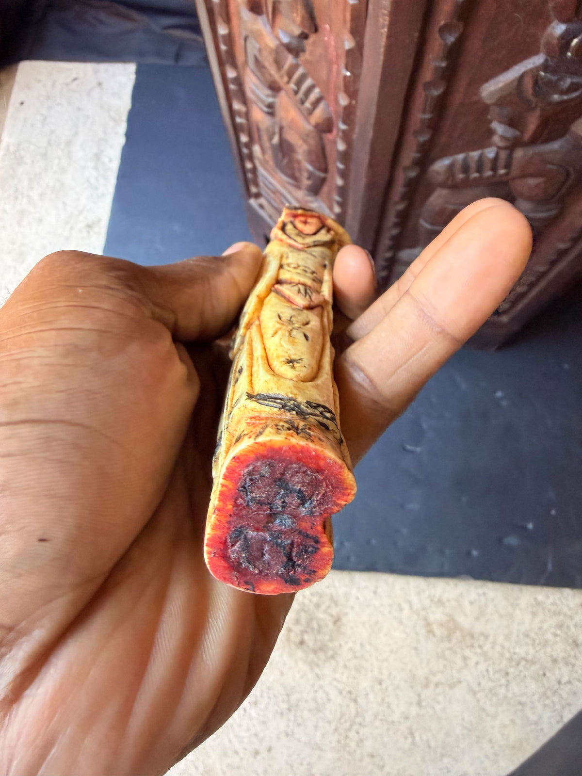 Chinese Carved Bovine Bone Lady Figure with Flowers Polychrome 6.5 in