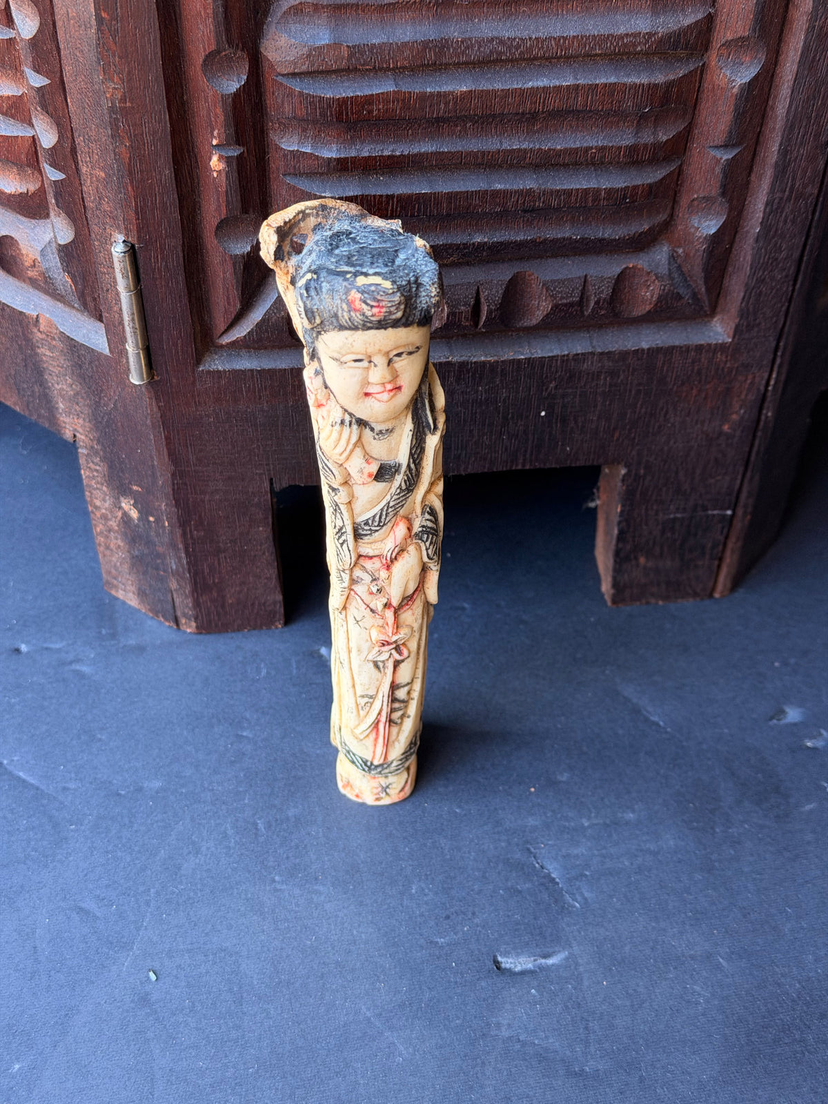 Chinese Carved Bovine Bone Lady Figure with Flowers Polychrome 6.5 in