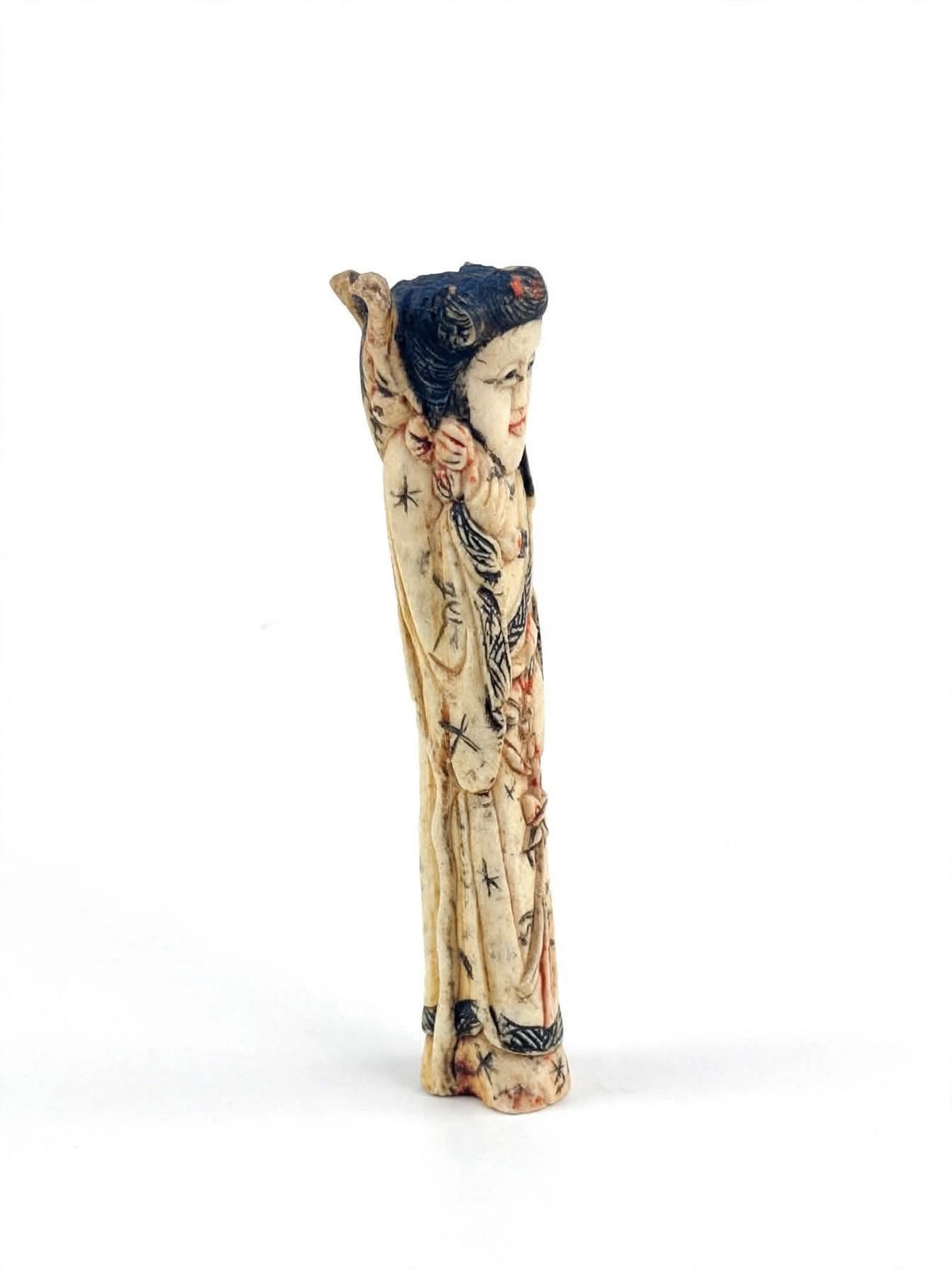 Chinese Carved Bovine Bone Lady Figure with Flowers Polychrome 6.5 in