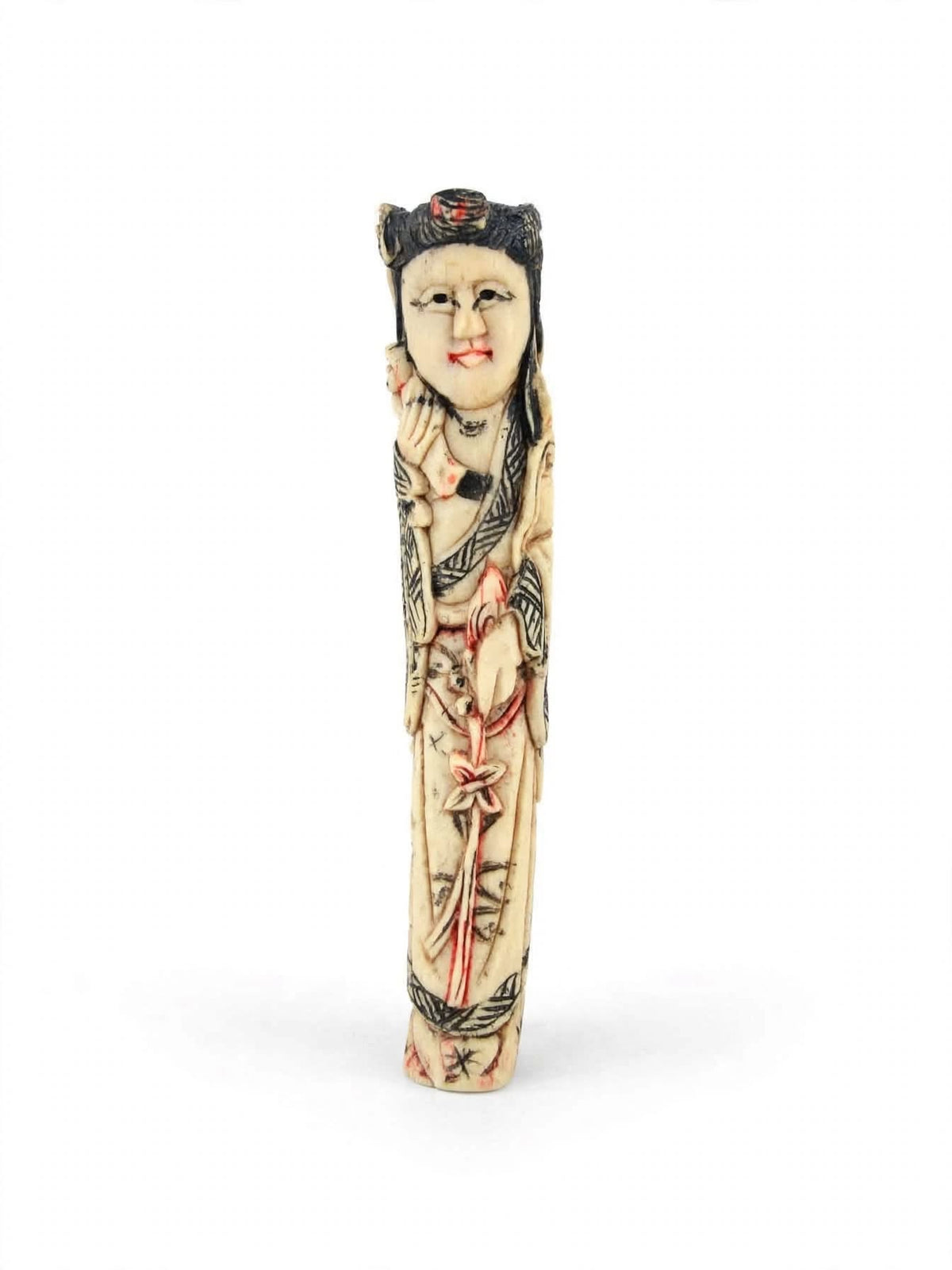 Chinese Carved Bovine Bone Lady Figure with Flowers Polychrome 6.5 in