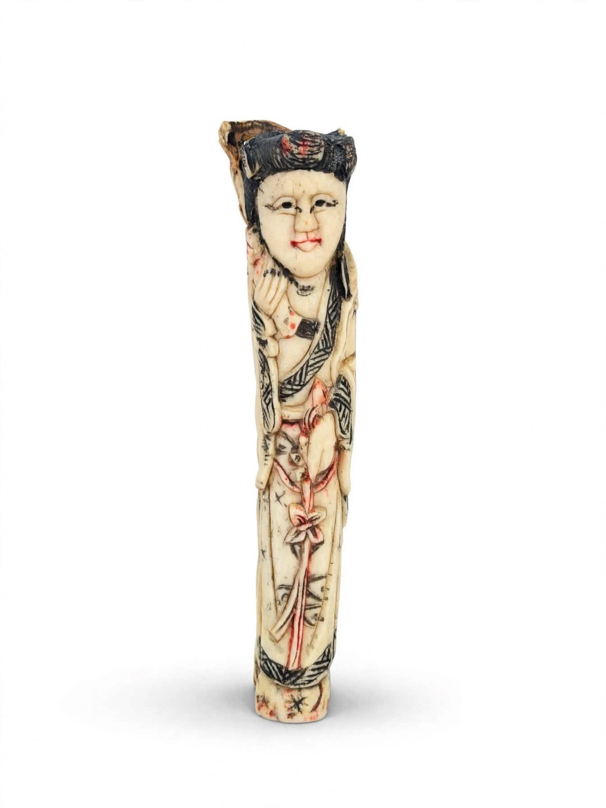 Chinese Carved Bovine Bone Lady Figure with Flowers Polychrome 6.5 in