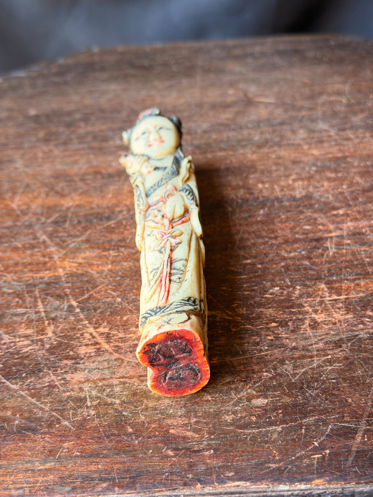 Chinese Carved Bovine Bone Lady Figure with Flowers Polychrome 6.5 in