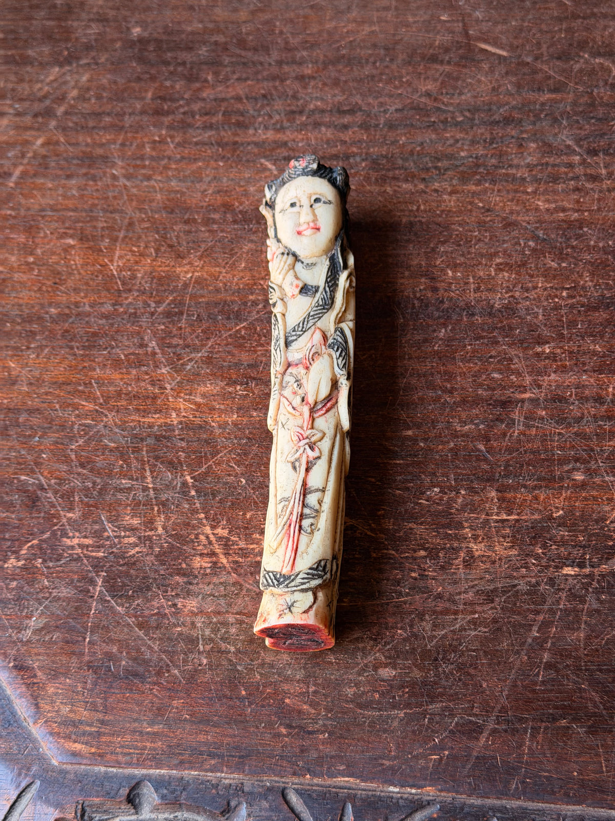 Chinese Carved Bovine Bone Lady Figure with Flowers Polychrome 6.5 in