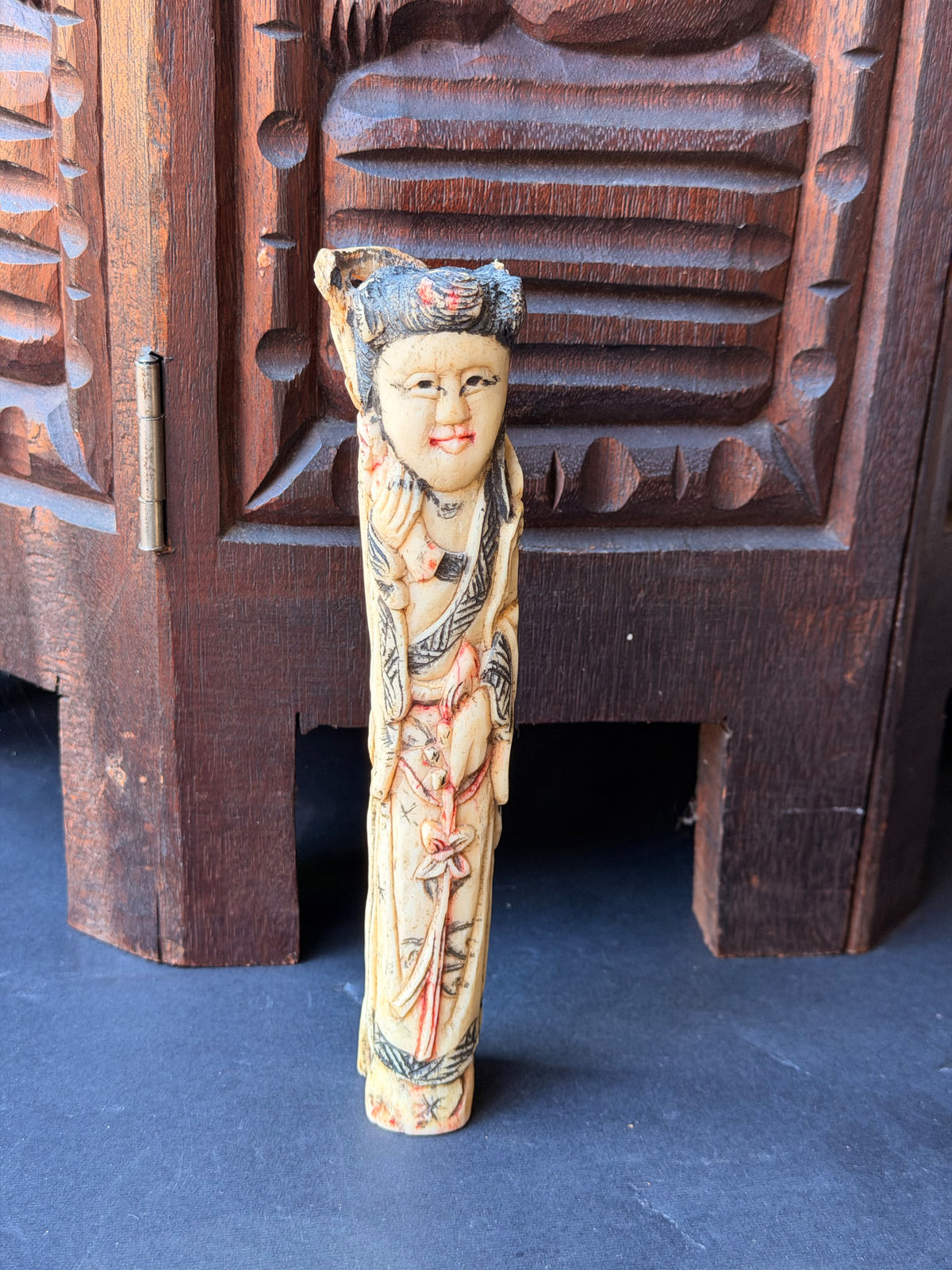 Chinese Carved Bovine Bone Lady Figure with Flowers Polychrome 6.5 in