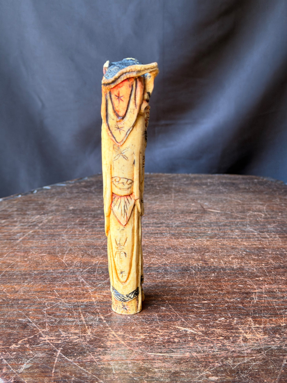 Chinese Carved Bovine Bone Lady Figure with Flowers Polychrome 6.5 in