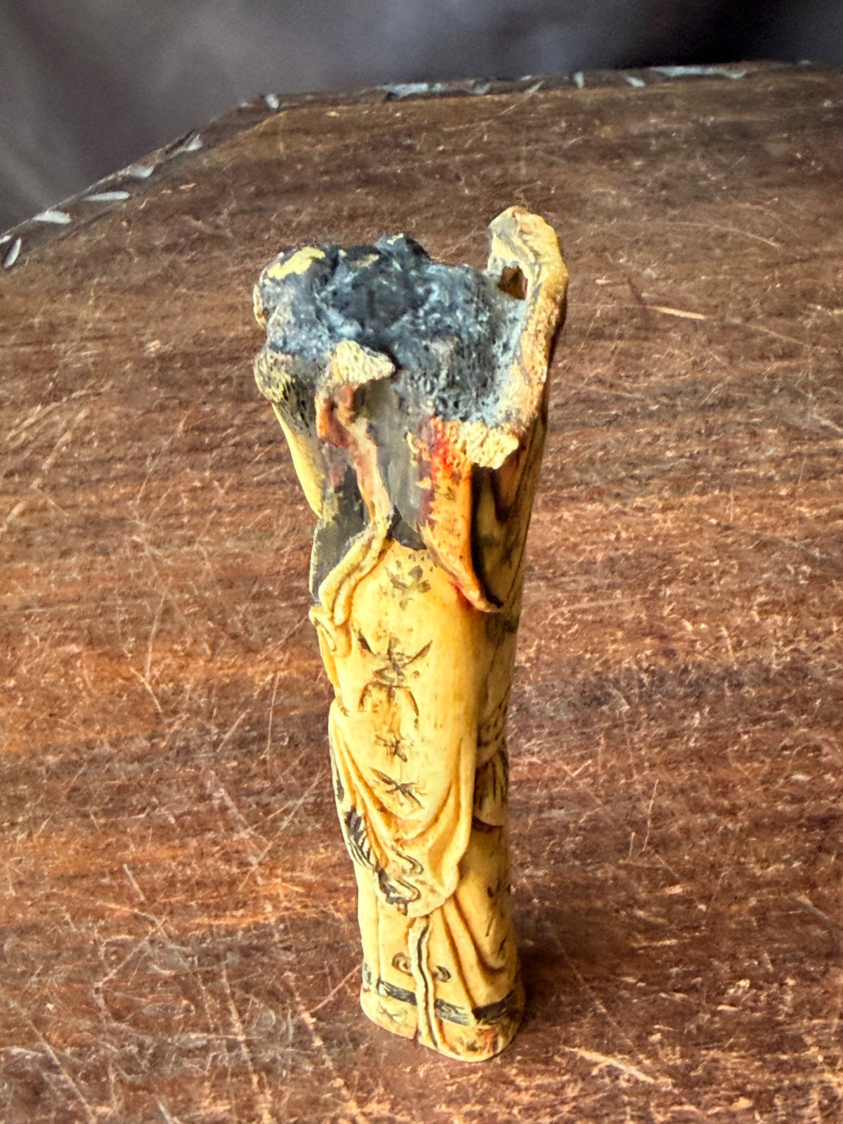 Chinese Carved Bovine Bone Lady Figure with Flowers Polychrome 6.5 in