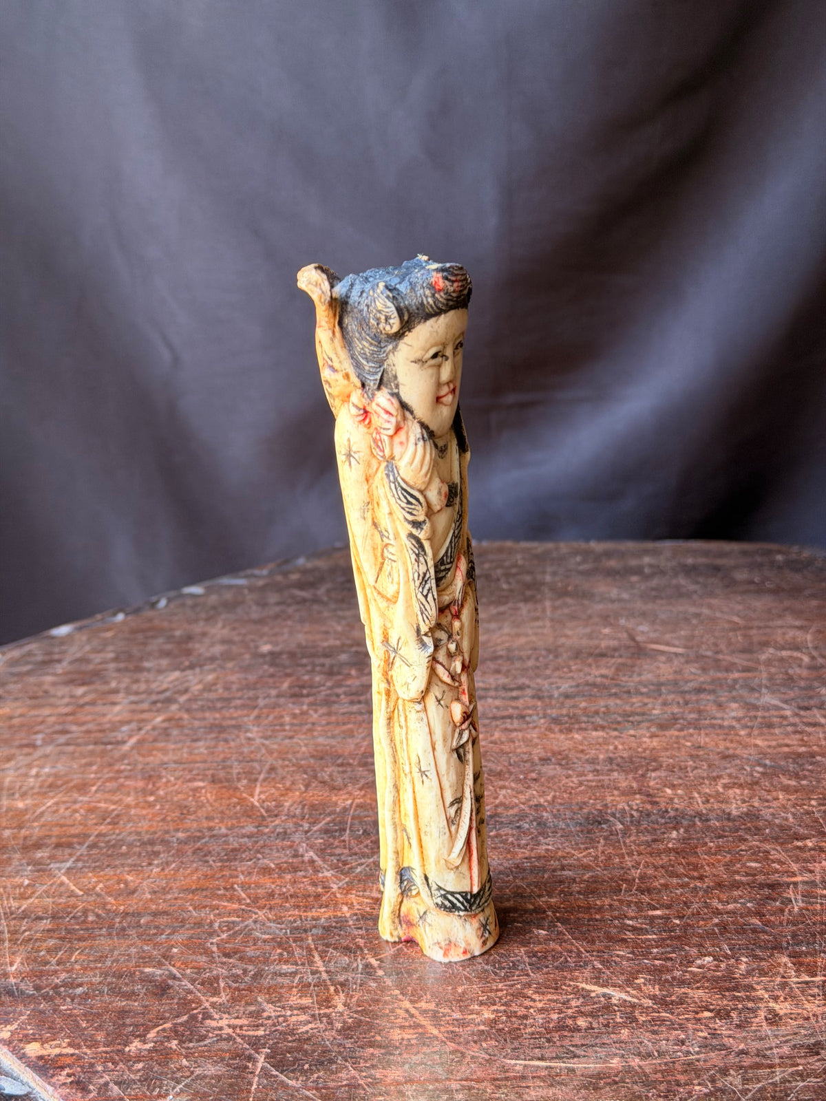 Chinese Carved Bovine Bone Lady Figure with Flowers Polychrome 6.5 in