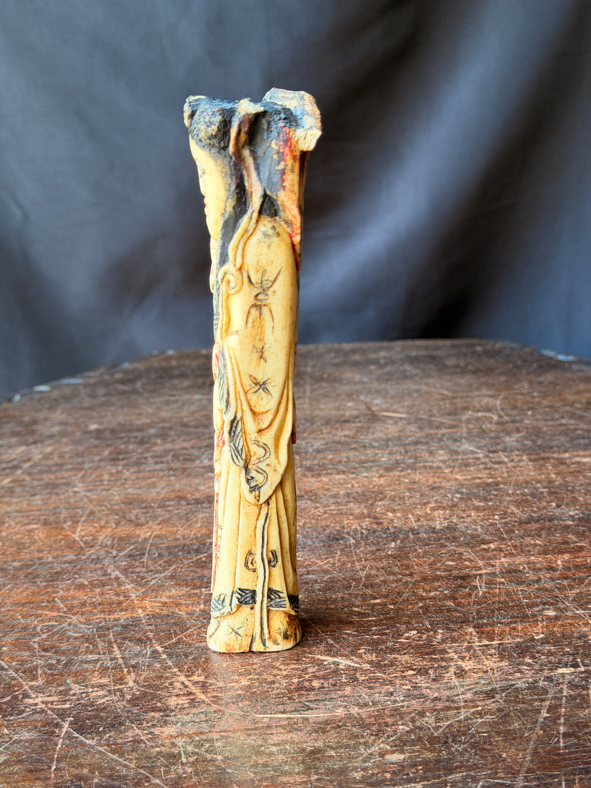 Chinese Carved Bovine Bone Lady Figure with Flowers Polychrome 6.5 in