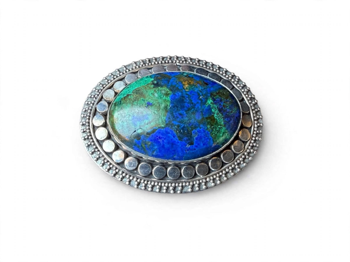 925 Sterling Silver Azurite Malachite Oval Cabochon Brooch Pin 1.6 in