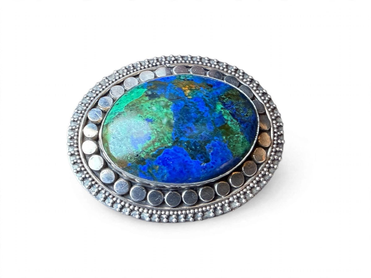 925 Sterling Silver Azurite Malachite Oval Cabochon Brooch Pin 1.6 in