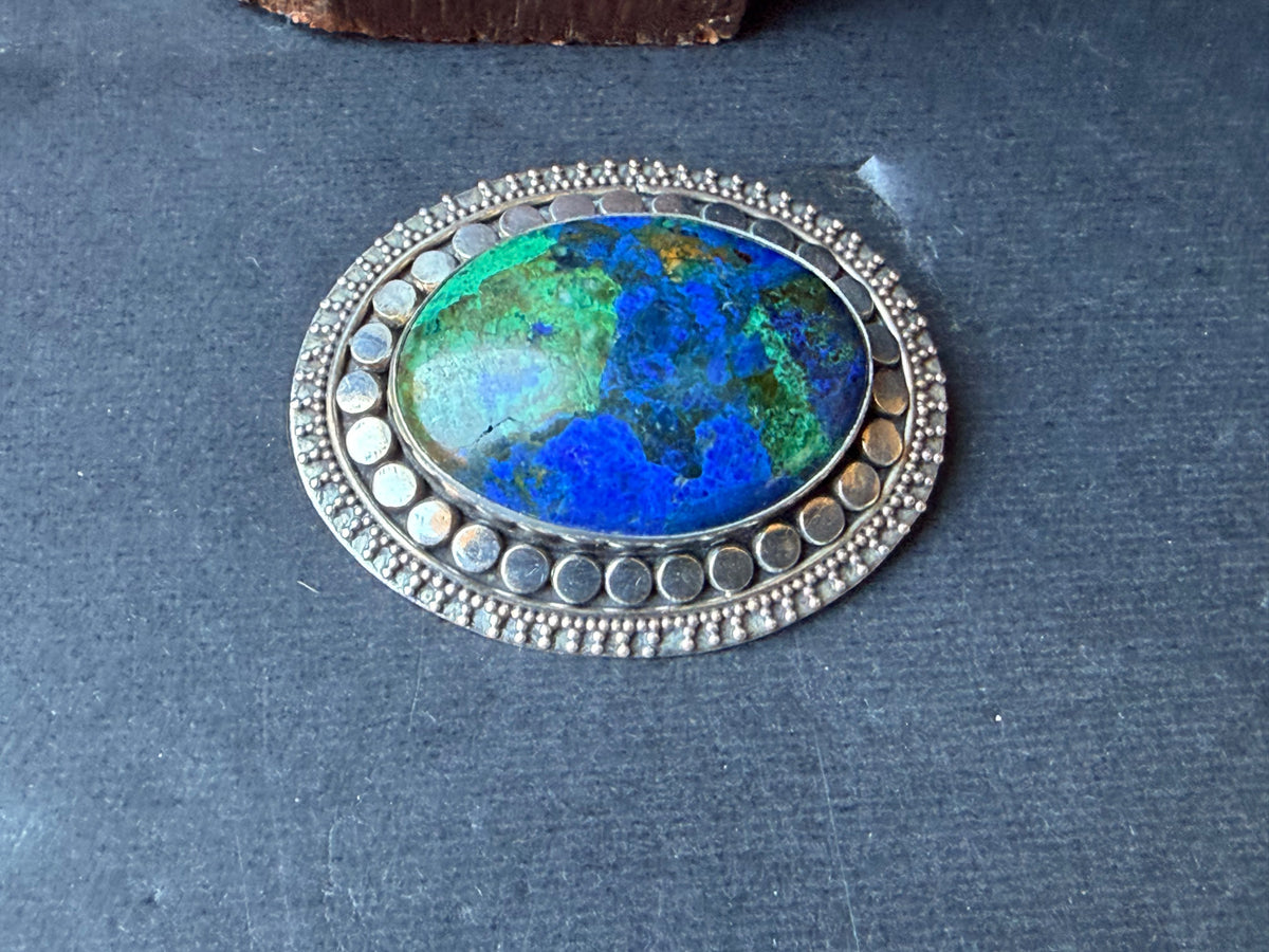 925 Sterling Silver Azurite Malachite Oval Cabochon Brooch Pin 1.6 in