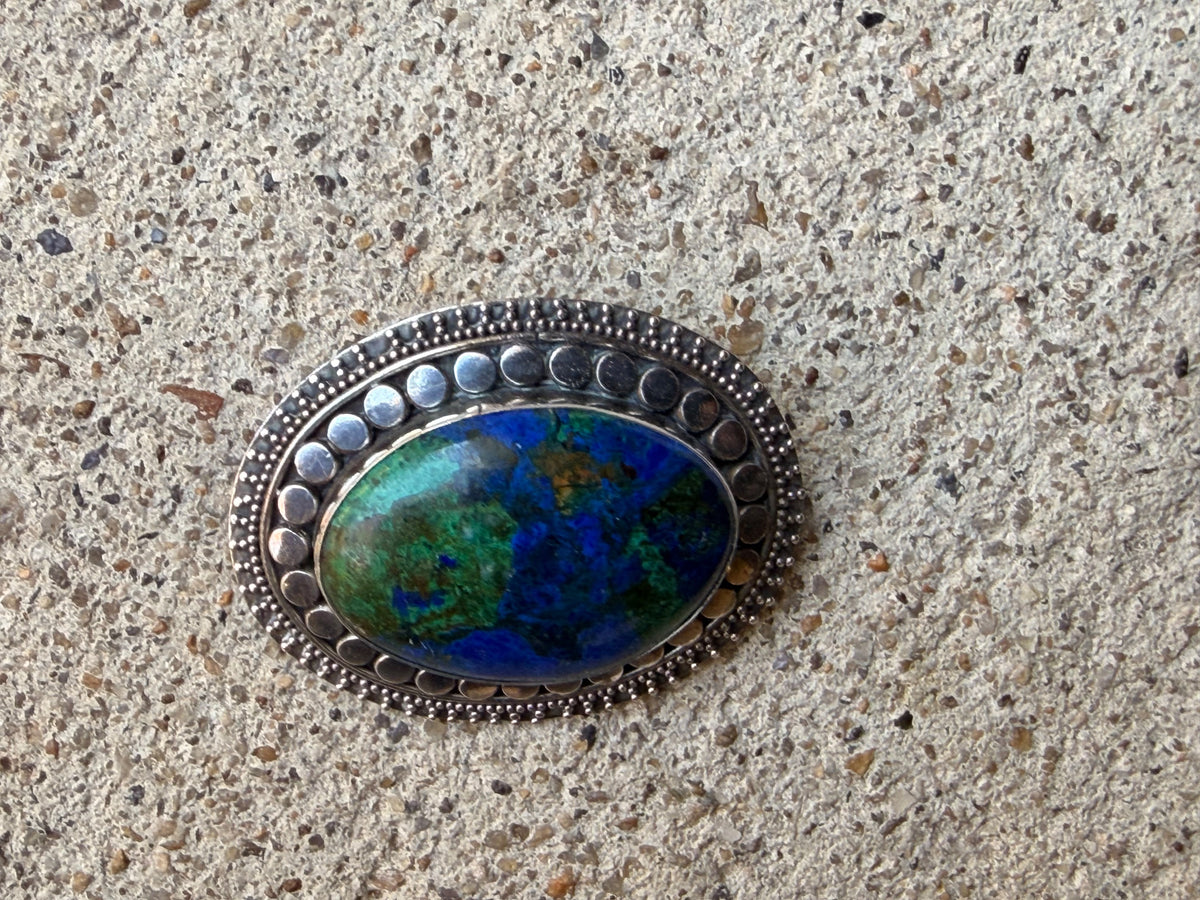 925 Sterling Silver Azurite Malachite Oval Cabochon Brooch Pin 1.6 in