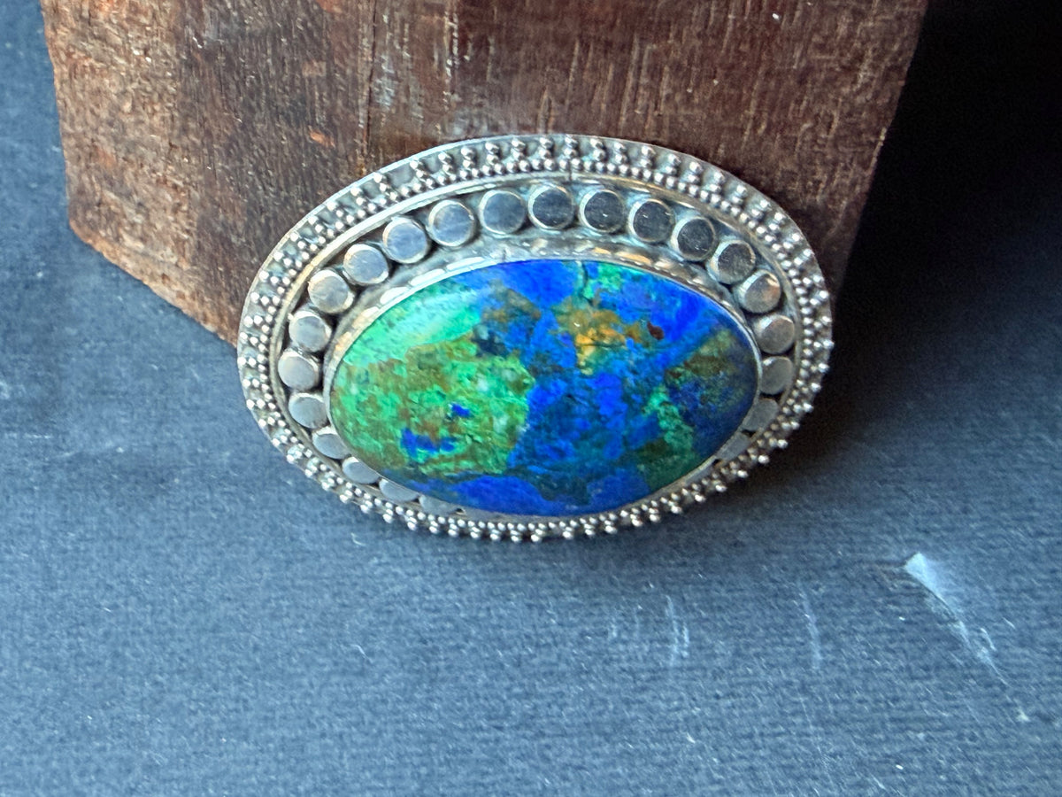 925 Sterling Silver Azurite Malachite Oval Cabochon Brooch Pin 1.6 in