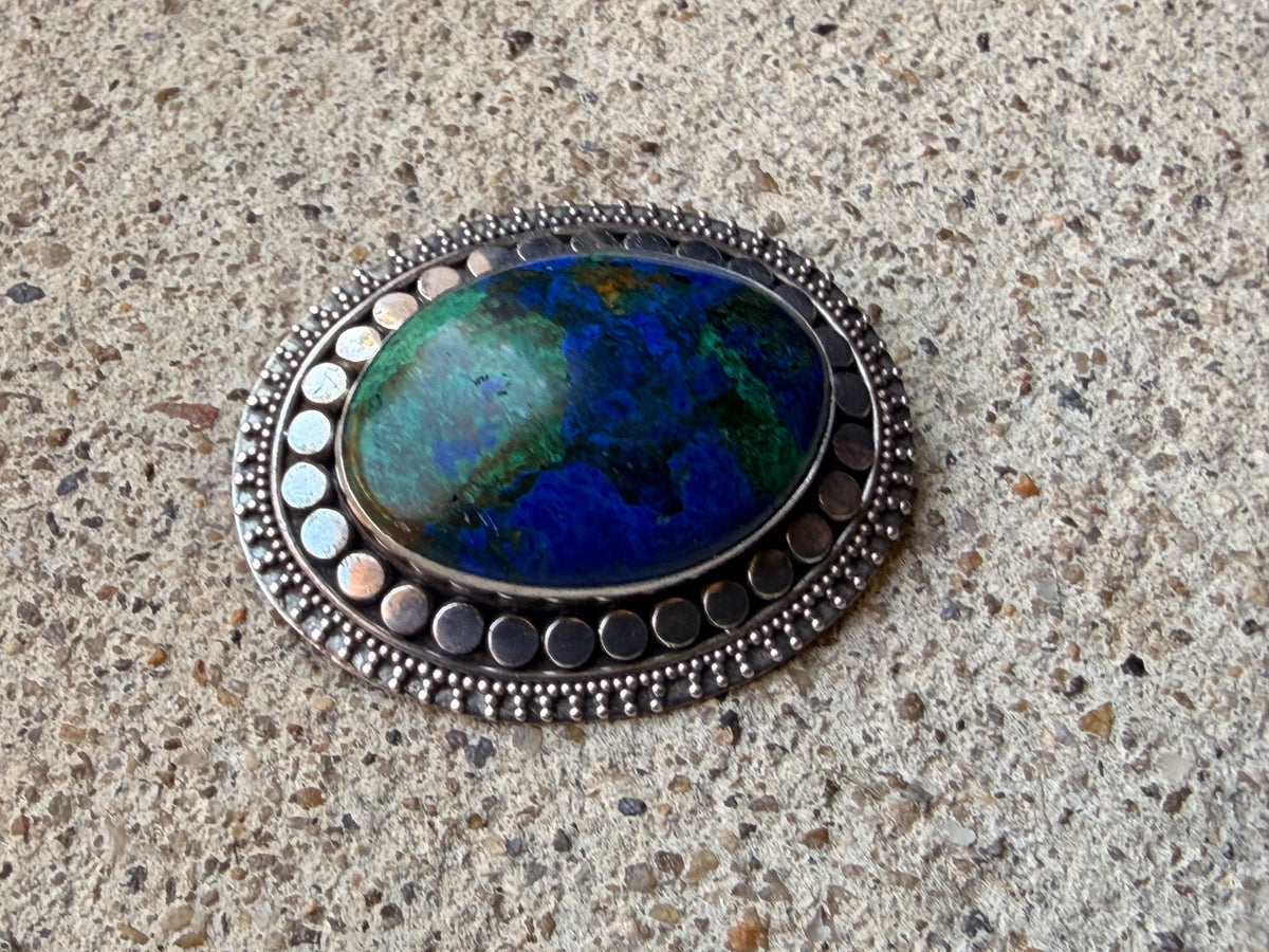 925 Sterling Silver Azurite Malachite Oval Cabochon Brooch Pin 1.6 in