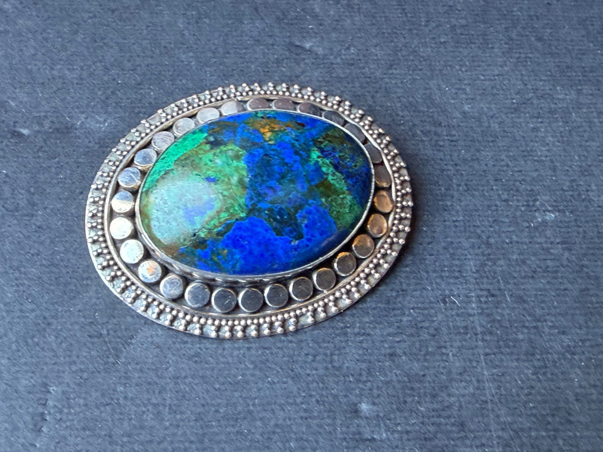 925 Sterling Silver Azurite Malachite Oval Cabochon Brooch Pin 1.6 in