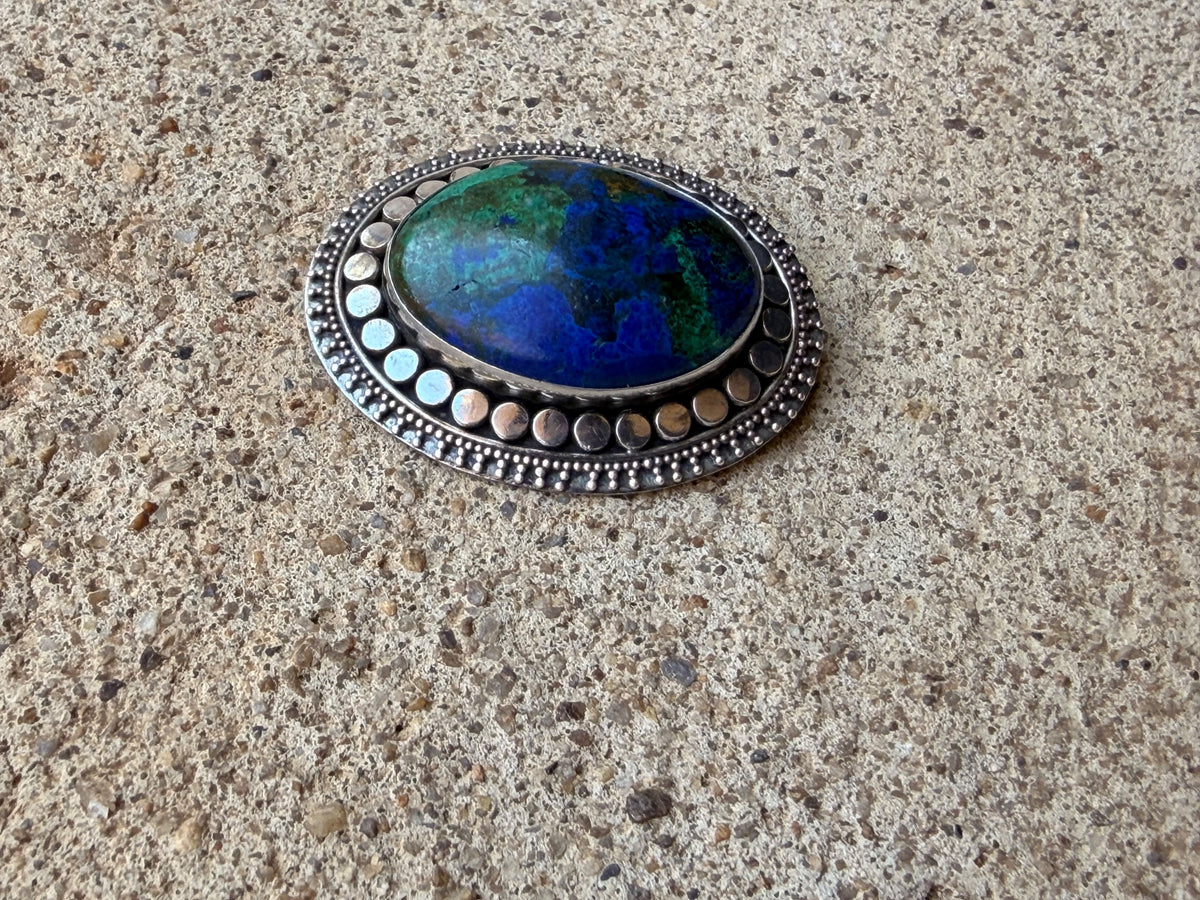 925 Sterling Silver Azurite Malachite Oval Cabochon Brooch Pin 1.6 in