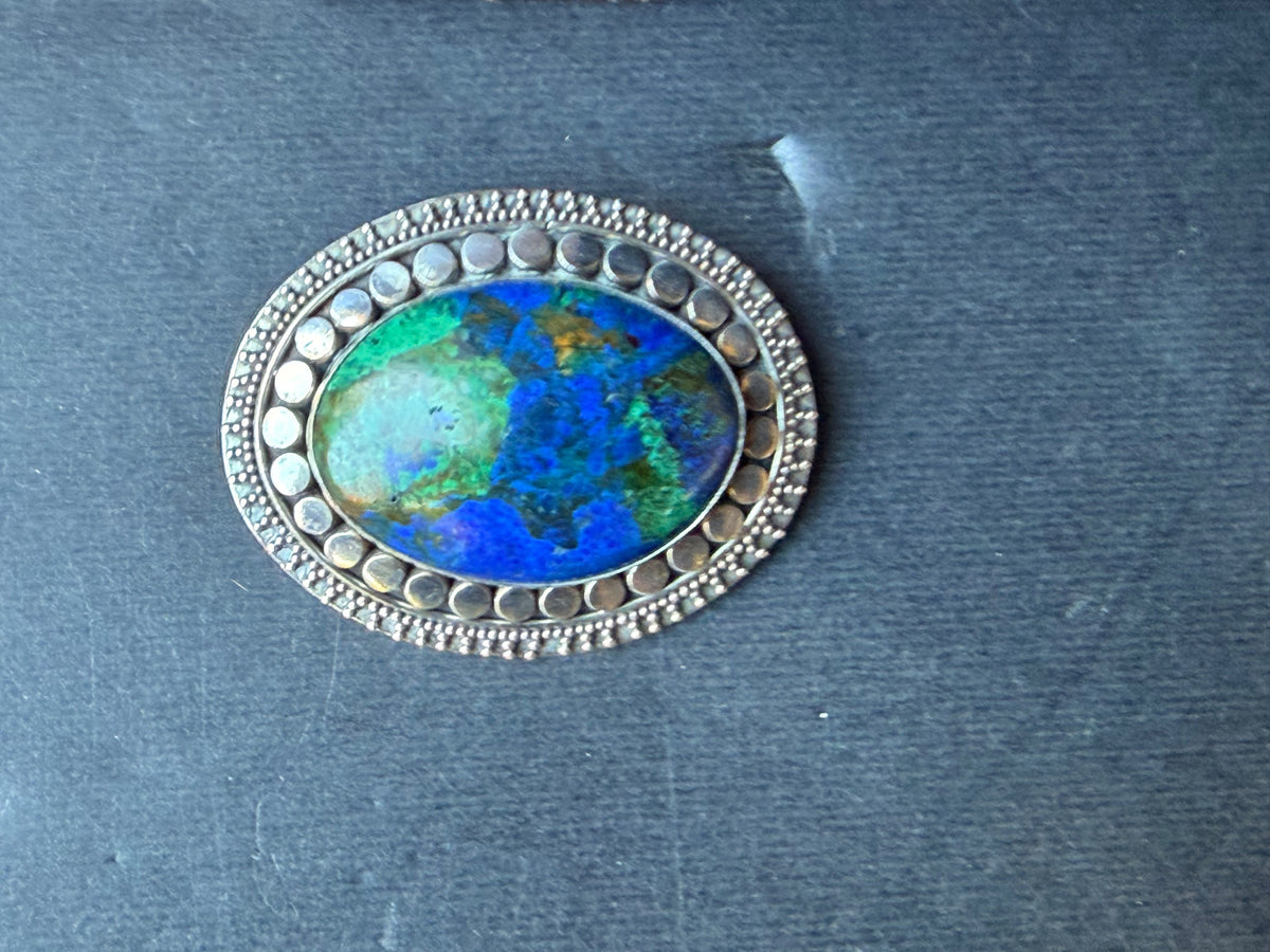925 Sterling Silver Azurite Malachite Oval Cabochon Brooch Pin 1.6 in