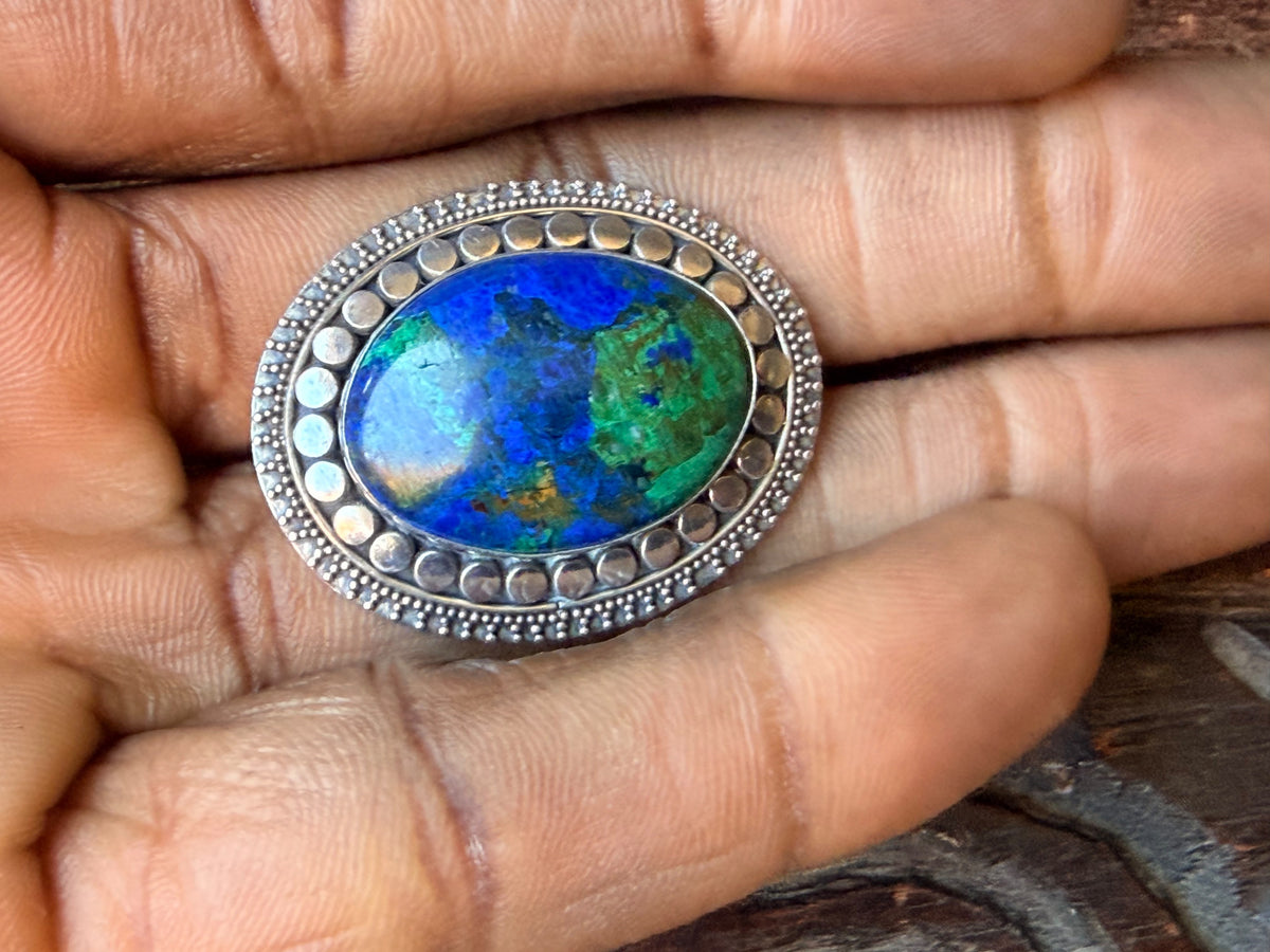 925 Sterling Silver Azurite Malachite Oval Cabochon Brooch Pin 1.6 in