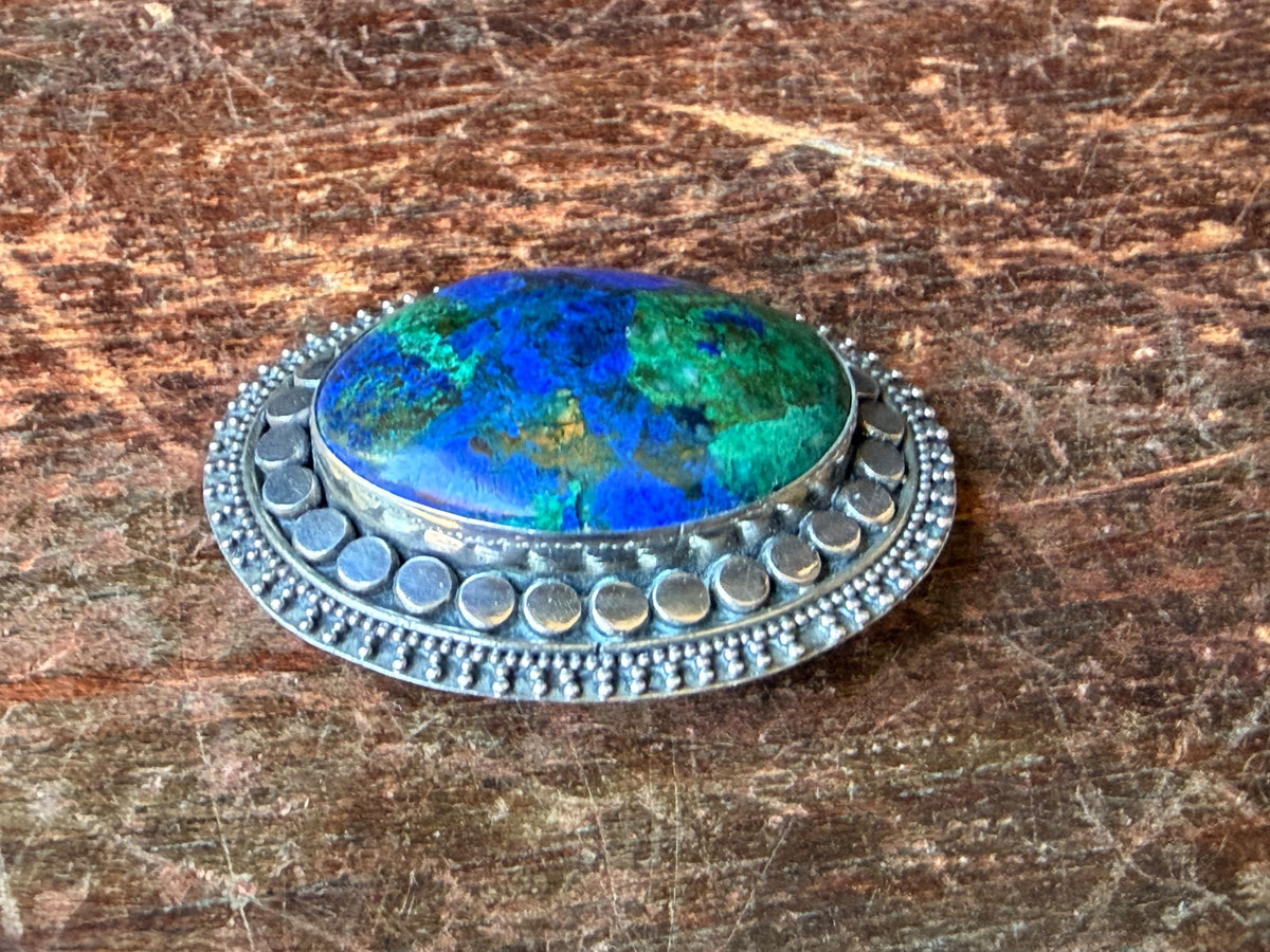 925 Sterling Silver Azurite Malachite Oval Cabochon Brooch Pin 1.6 in
