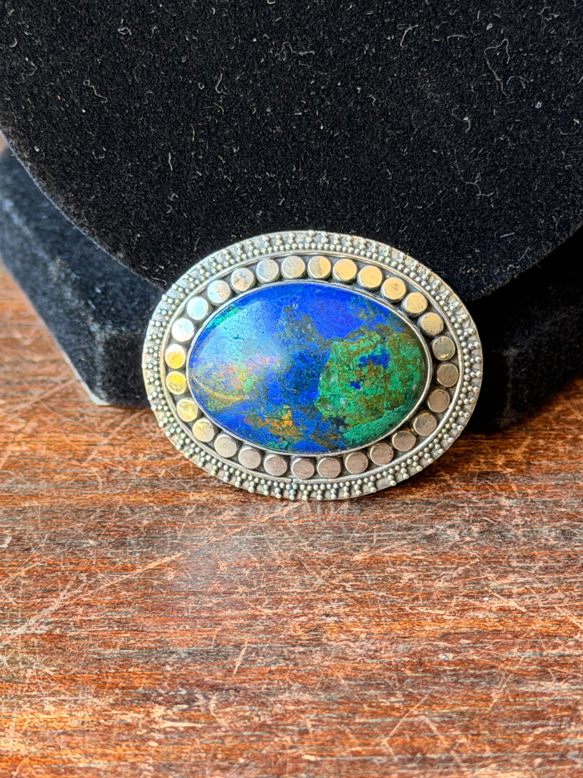 925 Sterling Silver Azurite Malachite Oval Cabochon Brooch Pin 1.6 in