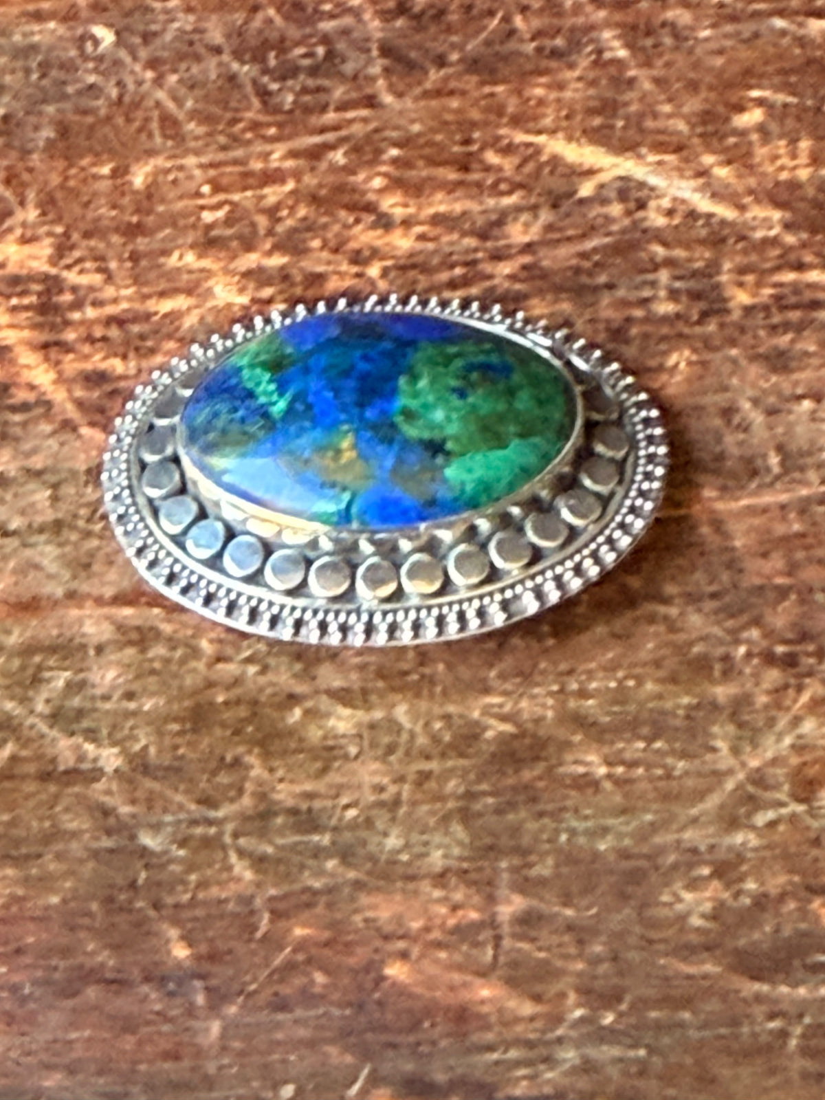 925 Sterling Silver Azurite Malachite Oval Cabochon Brooch Pin 1.6 in