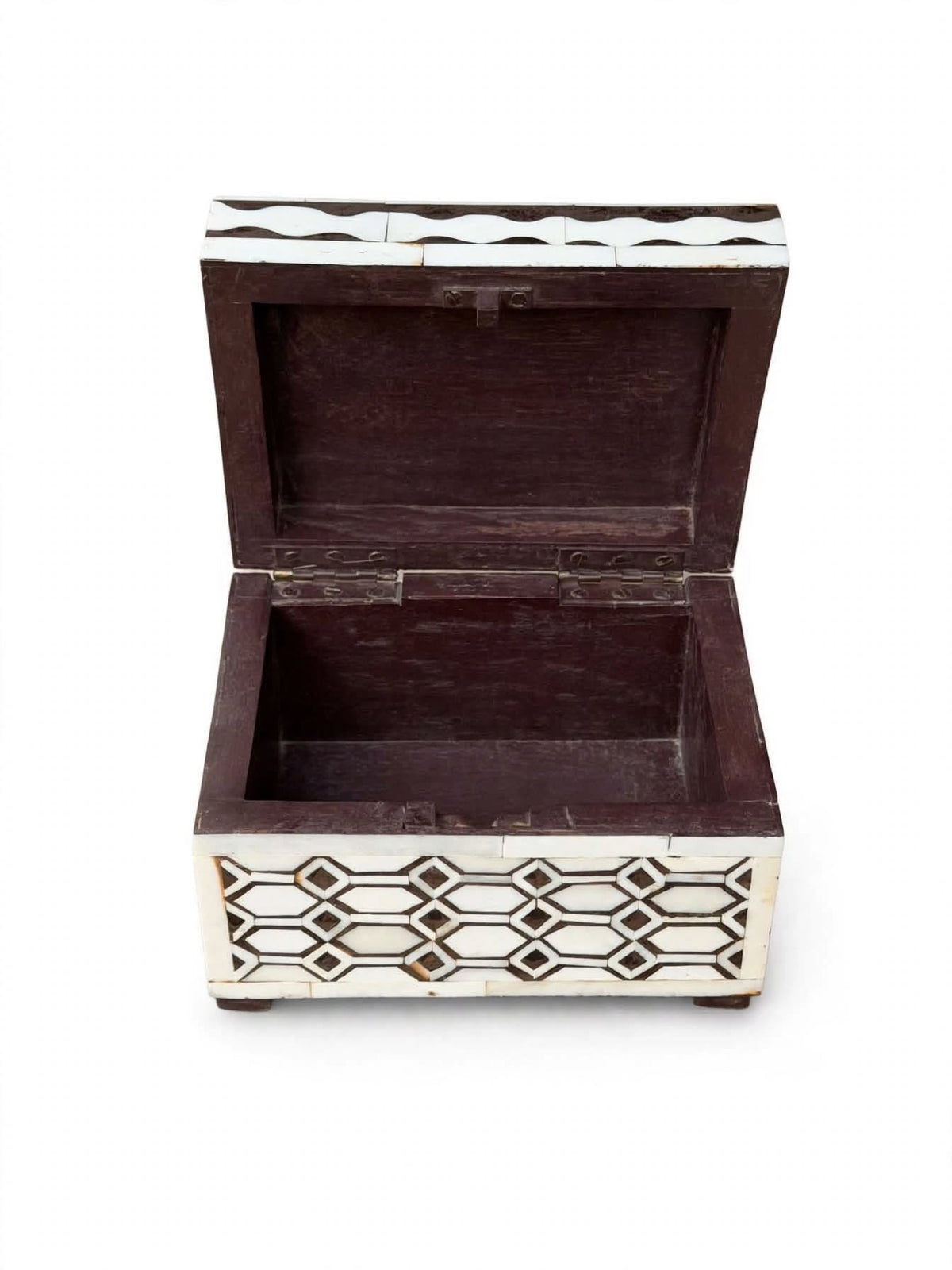 Indian Bovine Bone Inlay Wooden Box Geometric Lattice Hinged Jewelry Trinket Box 5.8 in