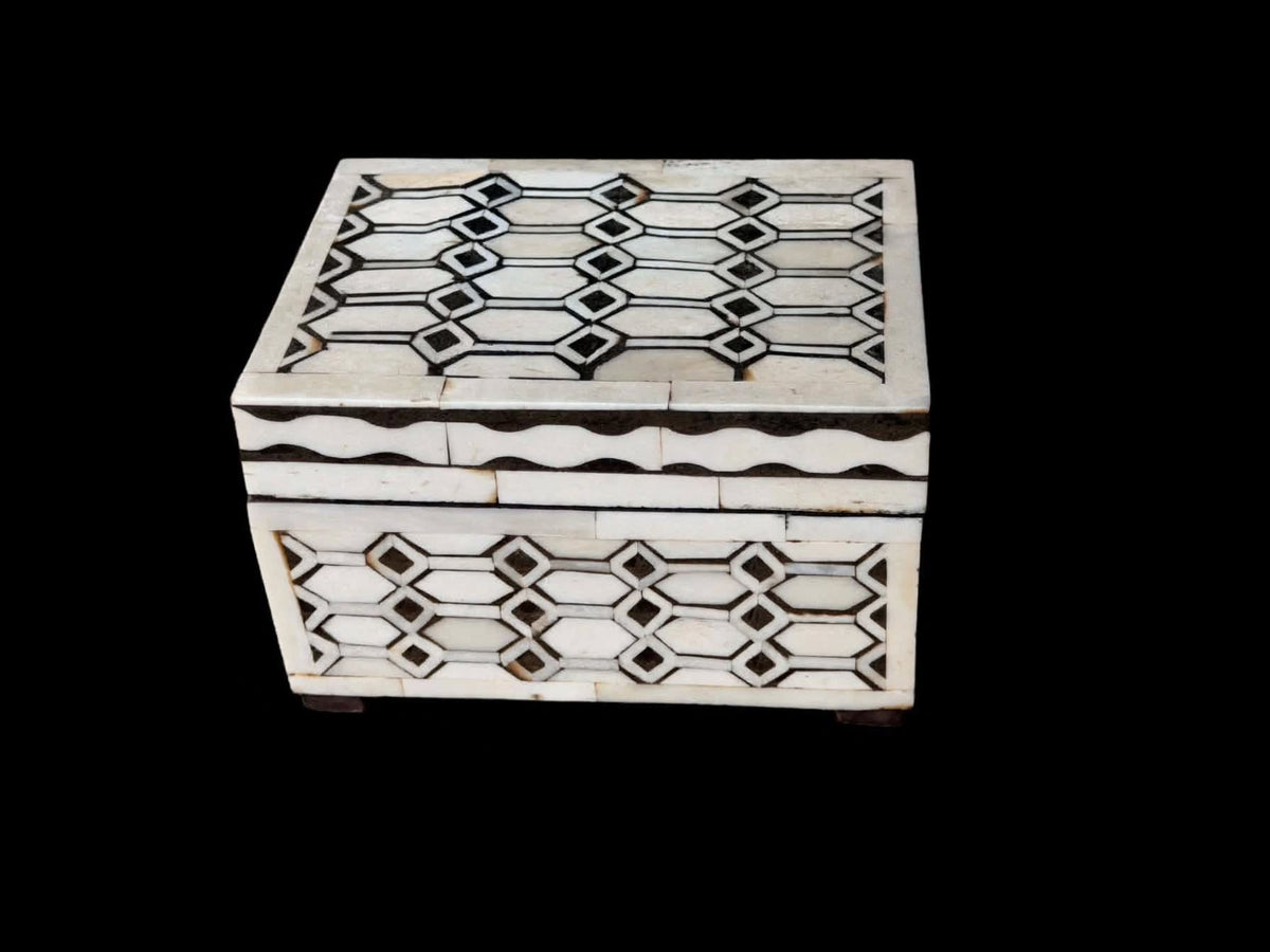 Indian Bovine Bone Inlay Wooden Box Geometric Lattice Hinged Jewelry Trinket Box 5.8 in
