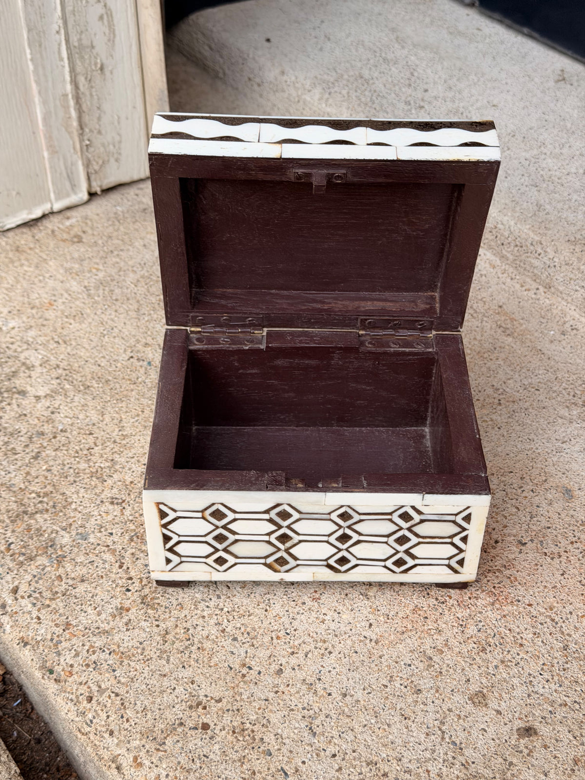 Indian Bovine Bone Inlay Wooden Box Geometric Lattice Hinged Jewelry Trinket Box 5.8 in