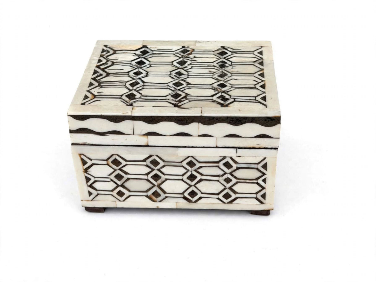 Indian Bovine Bone Inlay Wooden Box Geometric Lattice Hinged Jewelry Trinket Box 5.8 in