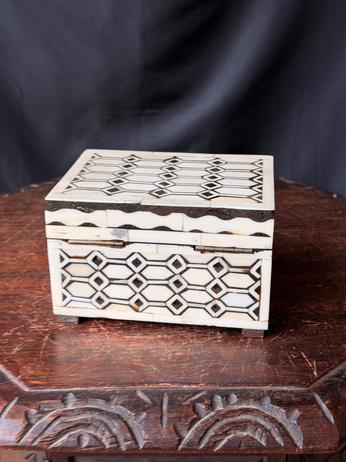 Indian Bovine Bone Inlay Wooden Box Geometric Lattice Hinged Jewelry Trinket Box 5.8 in