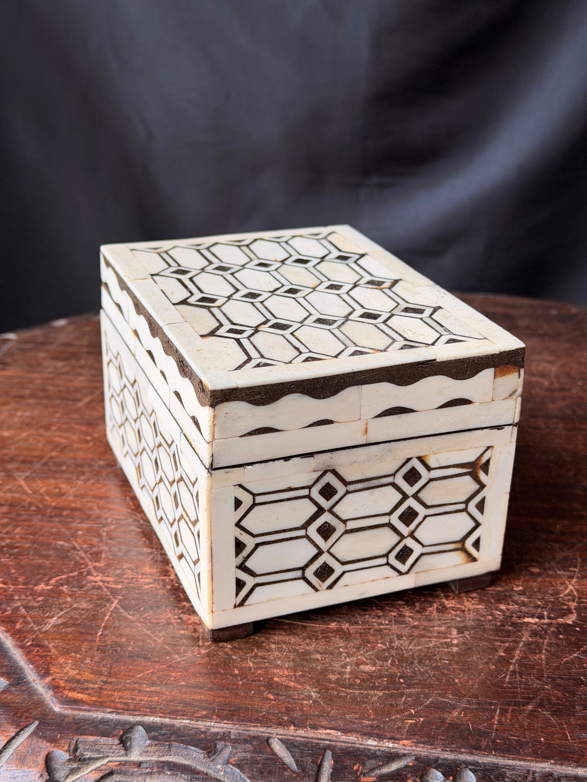 Indian Bovine Bone Inlay Wooden Box Geometric Lattice Hinged Jewelry Trinket Box 5.8 in
