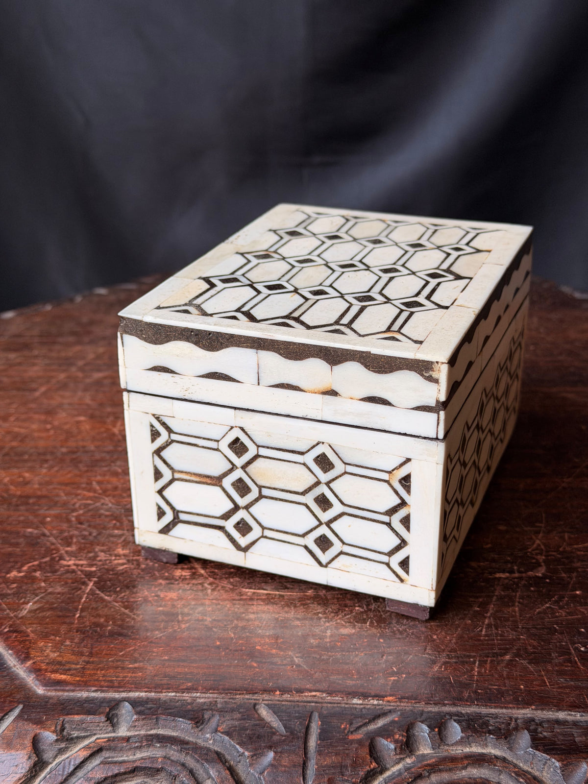 Indian Bovine Bone Inlay Wooden Box Geometric Lattice Hinged Jewelry Trinket Box 5.8 in